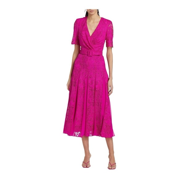 NWT! Badgley Mischka Fuchsia Lace Georgette Belted Midi-Dress. Size 0. - Picture 3 of 16